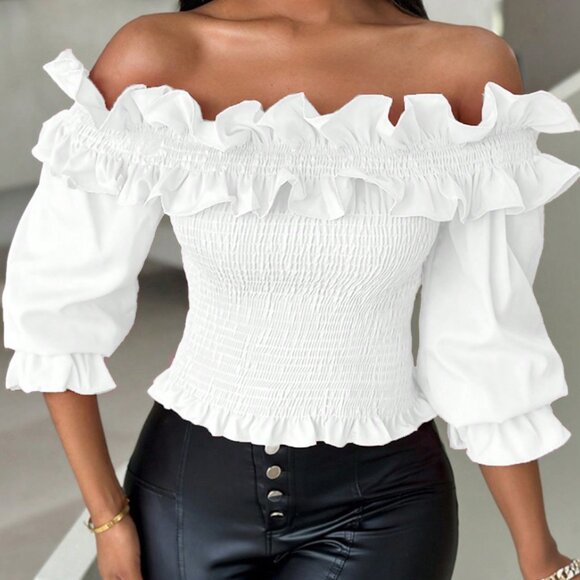 White Casual Women's Short Ruffle Trim Off Shoulder Blouse - Picture 6 of 6